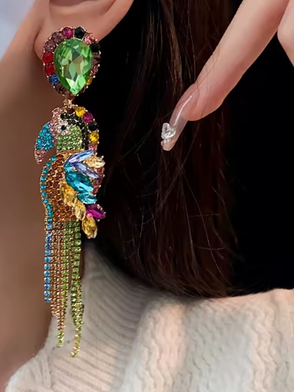 Statement Crystal Parrot Earrings | Colorful Rhinestone Drop / Tropical Jewelry - Picture 2 of 6